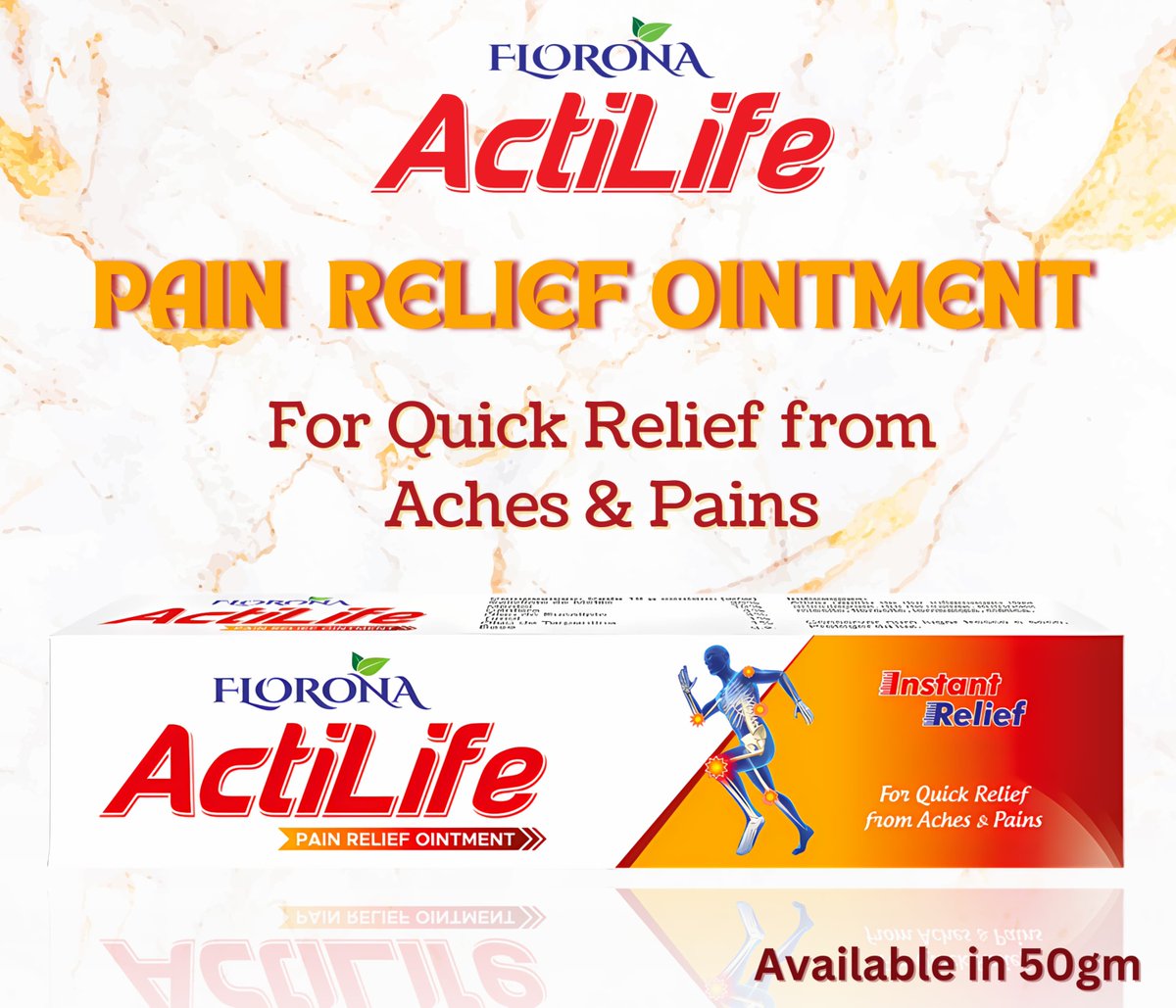 Experience instant relief from aches and pains with Florona ActiLife Pain Relief Ointment. 
Available in 50gm

#onestlimited #onest #onestbrands #branding #painreliefointment #painrelief #ointment #reliefointment #instantrelief #florona #floronaactilife #actilife #fmcg #exporter