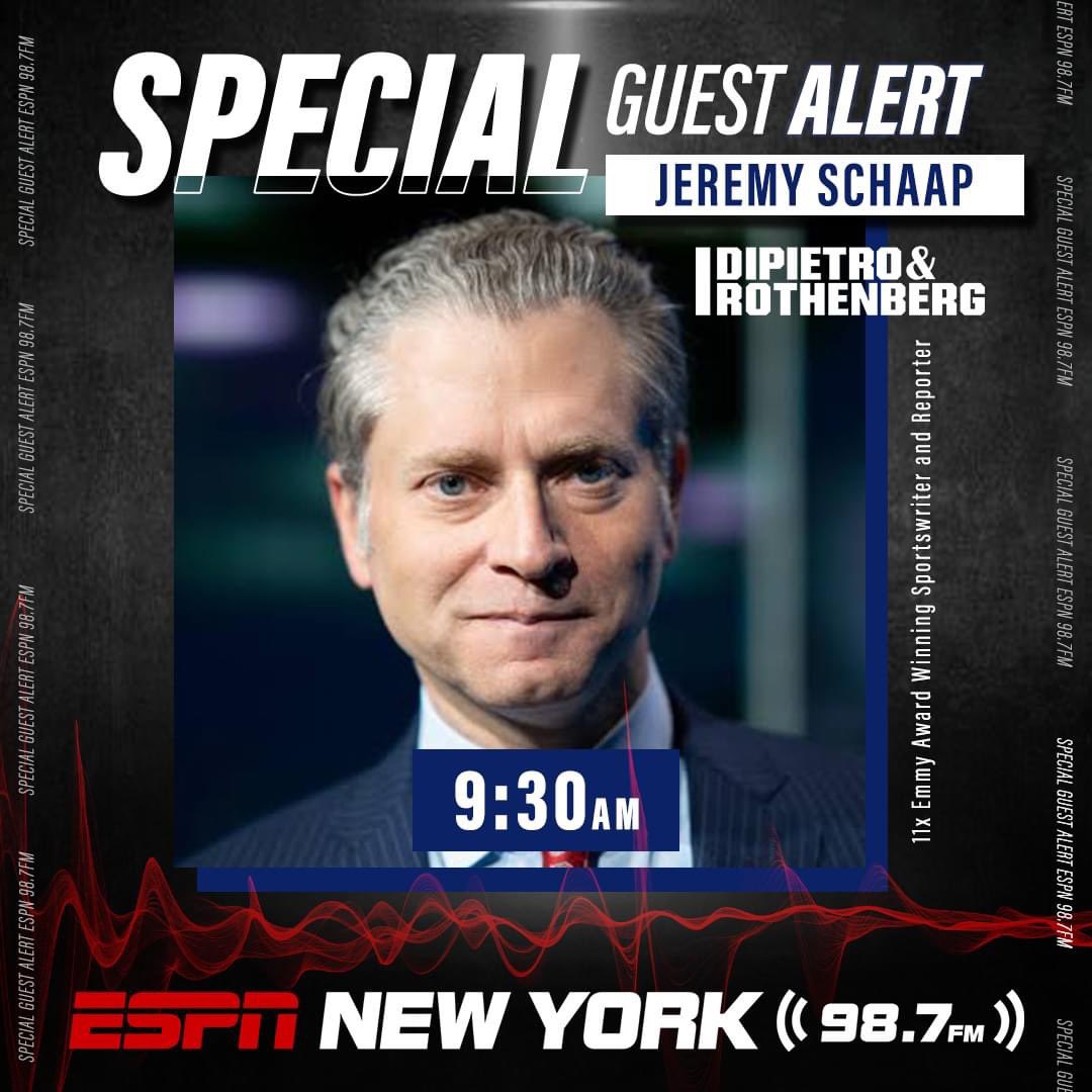 SPECIAL GUEST ALERT! TODAY at 9:30AM on @DRonESPN: @JeremySchaap joins the program! LISTEN HERE: bit.ly/ListenESPNNY, on 98.7FM or on the ESPN NY App! DOWNLOAD THE APP HERE: goodkarma.qrd.by/espnny-app