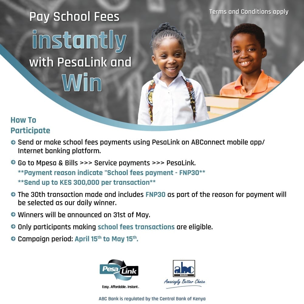 💰 Wrapping up soon the save and splurge mission with school fees! 🎉 Only 2 days left to pay your school fees with #Pesalink on our ABConnect App and stand a chance to win 5000 KES! 🏆 Will you be one of one of our final winners? 📝 Don't forget, T&Cs apply: