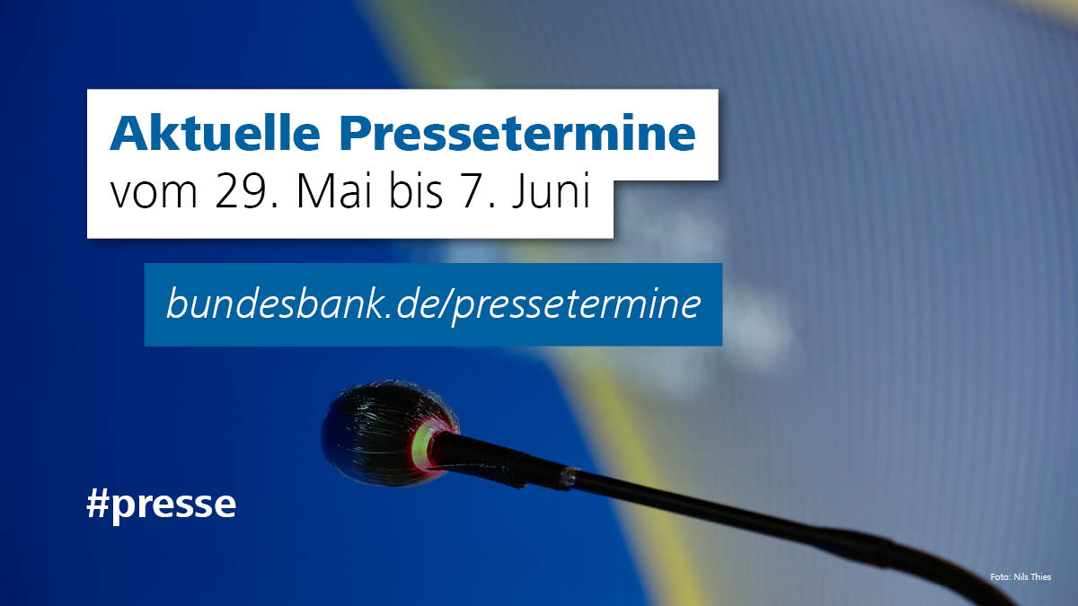 Aktuelle #Pressetermine vom 29. Mai bis zum 7. Juni, u.a. mit der Teilnahme von #JoachimNagel an der Sitzung des EZB-Rats und der Veröffentlichung der halbjährlichen Prognose der Bundesbank. 

👉 Alle Termine unter: bundesbank.de/pressetermine 
#Presse #EZB #Wirtschaft #Prognose