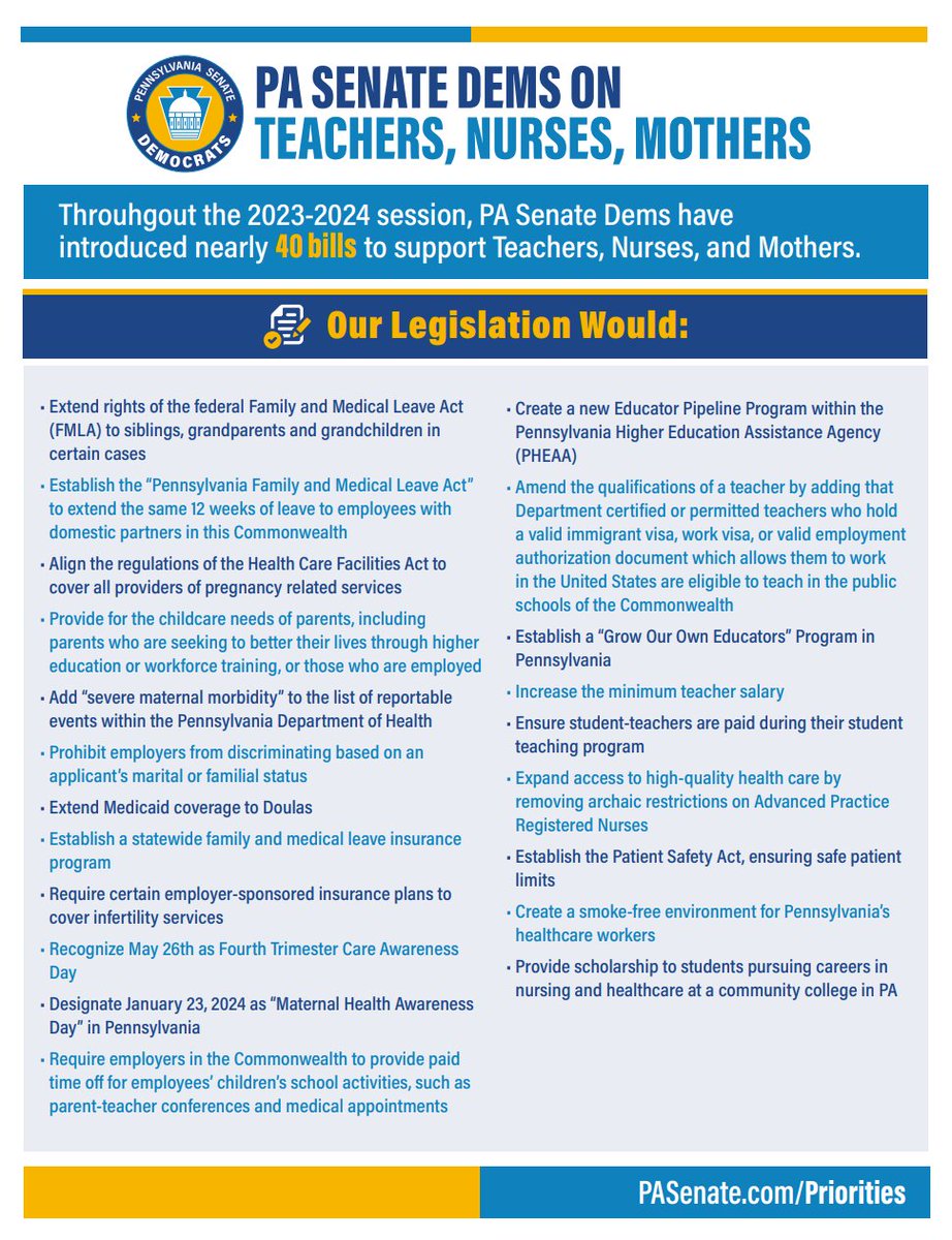 Our members have introduced nearly 40 bills in the 2023-24 legislation sessions to address the issues teachers, nurses and mothers face. Check out the graphic below to learn about what we're doing to help.