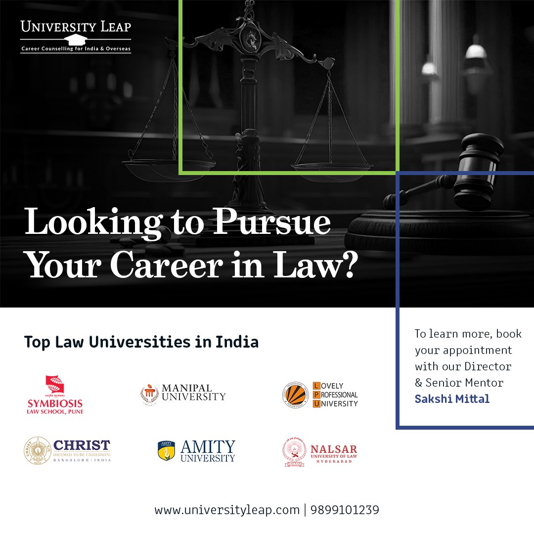 Universityleap's tweet photo. Are you excited about building a career in law? Then find out some of the leading Law universities in India. 

Learn more about admission and more details by booking your #CareerConsultation session with us. 
DM or WhatsApp us 📞 9899101239

#UniversityLeap #MissionAdmission https://t.co/79nWjX0tBy