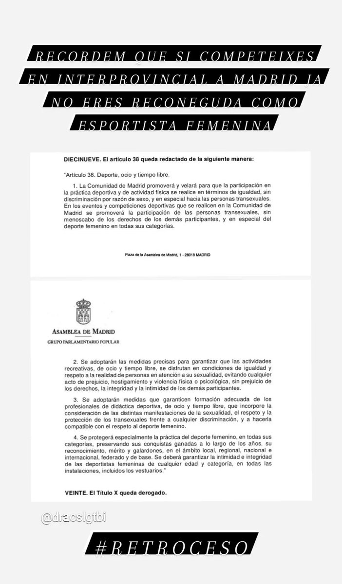 Recordem que si eres una dona trans que competeixes en interprovincial o campionat, a Madrid no et reconeguen com a esportista femenina. #retroceso #retrocés
