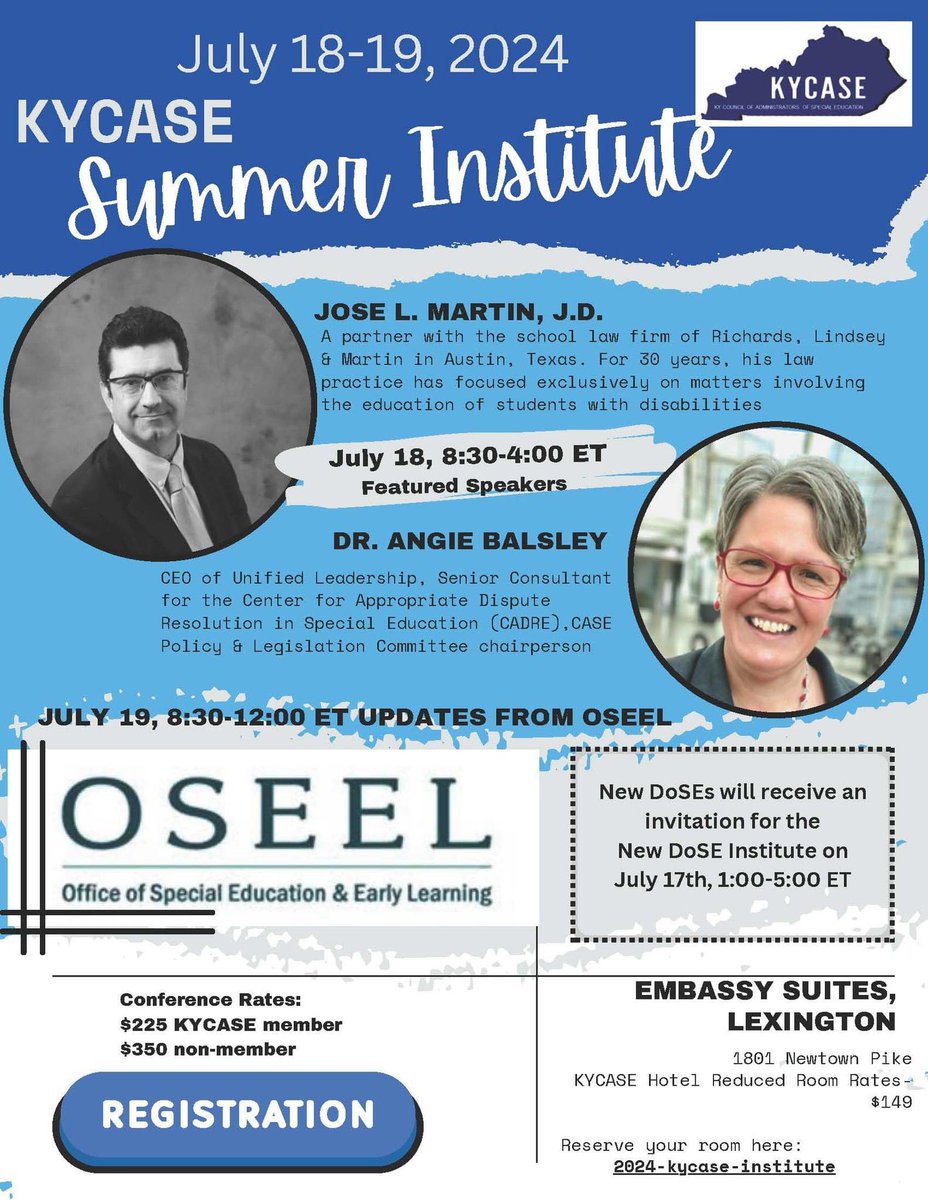 KYCASE1's tweet image. 2024 KYCASE Summer Institute!
Link for registration: tinyurl.com/yckujfdc
The New DoSE Institute will be on July 17, 2024, from 1:00-5:00 for all 1st and 2nd year DoSEs.
Link for hotel room at a discounted rate: tinyurl.com/bdd9wa88