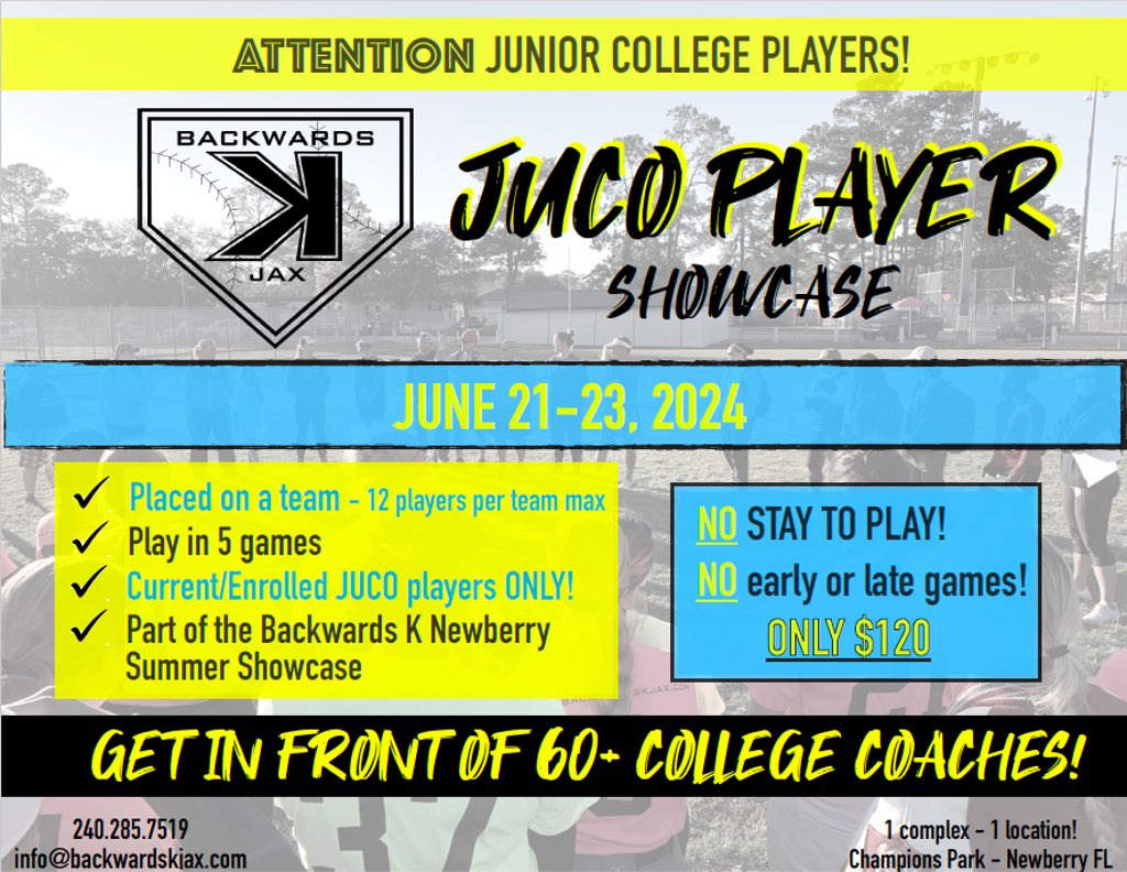 JUCO PLAYERS‼️ We have 3 roster spots open for our June showcase team!

We need 2 PITCHERS and 1 position player to round out the team of 10!

Come get some reps against good competition!

REGISTER AT backwardskjax.com/juco2024june