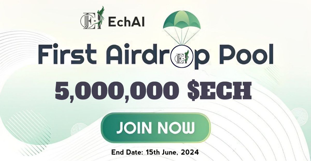 🆕 EchAI #Beta #Airdrop 🆕

Join us as a fighter to capture the future of Med Blockcha

🎁 Reward: 4,000 $ECH each for 1,000 Random Winner

💰 Referral: 1,000,000 $ECH for Top 50 Referral

🤭Airdrop Link: t.me/EchAIAirdropBot

⌛️ End Date: 15/06/24
🏦 Distribution: 20/06/24