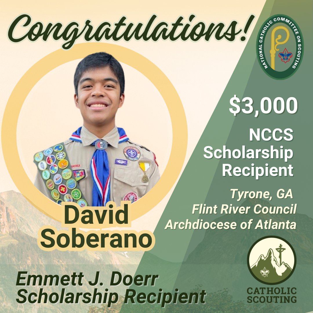 CathScoutBSA's tweet image. A Catholic Scout from Saint Matthew's Catholic Church in the Archdiocese of Atlanta who's a member of BSA Troop 79 in the Flint River Council wins $3,000 college scholarship. Congratulations David! More: bit.ly/4dX7nT3 #CatholicScouting @archatl @flintriverbsa