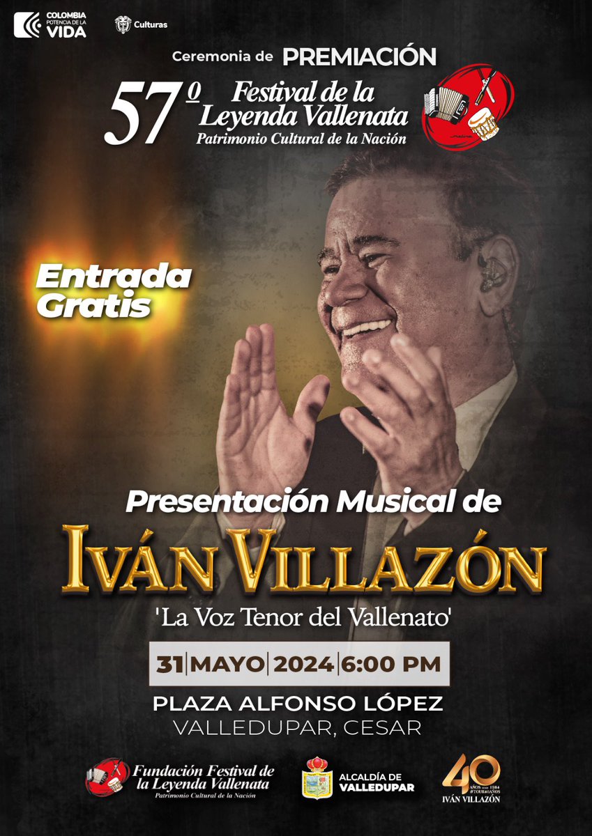 ¡Totalmente gratis! viernes 31 de mayo Valledupar, nos vemos todos en la plaza Alfonso López 🎤🎤🙏🏼 @FESVALLENATO