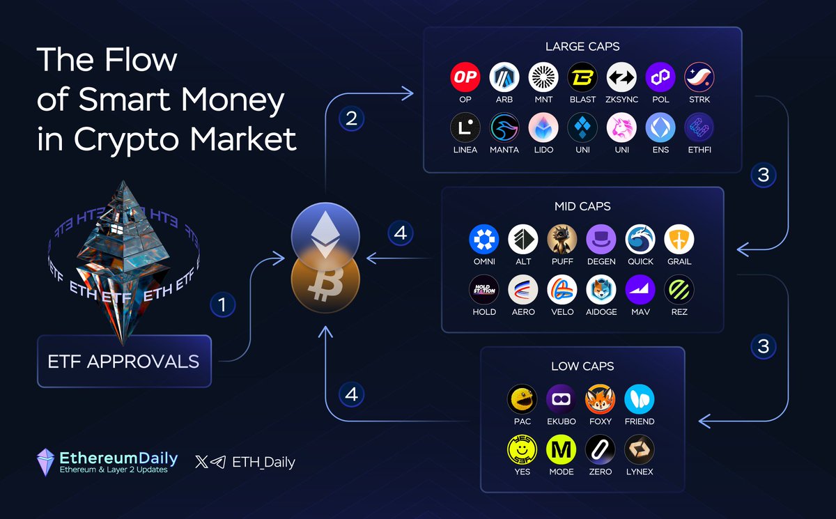 The Flow of Smart Money in the Crypto Market🏆 ETF Approvals -> $BTC & $ETH  -> Large Cap -> Mid Cap -> Mid Cap -> Low Cap After all, Smart Money will