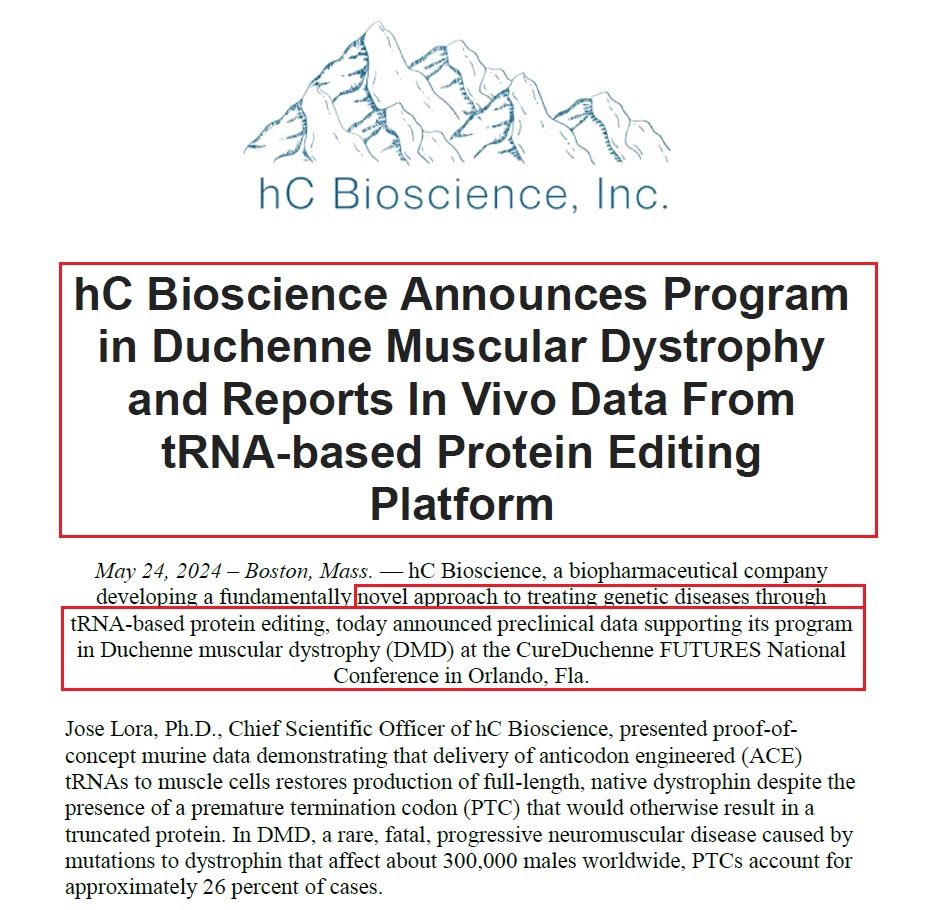1/WOW! hC Bioscience announces its first ever tRNA-based program for Duchenne muscular dystrophy (DMD). hC is developing anticodon engineered tRNAs as a potential treatment for DMD patients with shortened & nonfunctional dystrophin due to premature termination codons (PTCs). $XBI