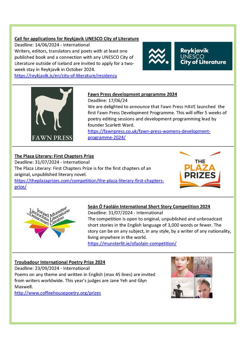 Competitions and opportunities are here for this week, with things from <a href="/UNESCO/">UNESCO 🏛️ #Education #Sciences #Culture 🇺🇳</a> <a href="/FawnPress/">Fawn Press</a> <a href="/ThePlazaPrizes/">The Plaza Prizes</a> <a href="/MunLitCentre/">Munster Literature Centre</a> and more!

RX and follow me for regular updates 😀