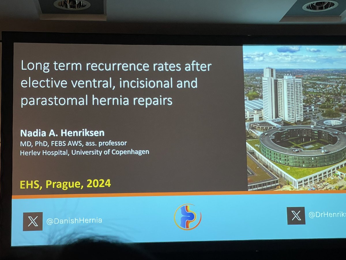 Herniadoc's tweet photo. 🤓🤓🤓
So excited to see updated @DanishHernia database long term data (since 2007) of ventral hernias as presented by @DrHenriksen 

N=50K

15-yr hernia recurrence rates:
Umbilical 10%
Epigastric 14%
Incisional 18%
Parastomal 40%

Risk factors:
- tissue based repair without mesh
- complication within 90 days 

NB: this only takes into account those who had surgery for their recurrence. 

#EHS2024Prague @eurohernias
