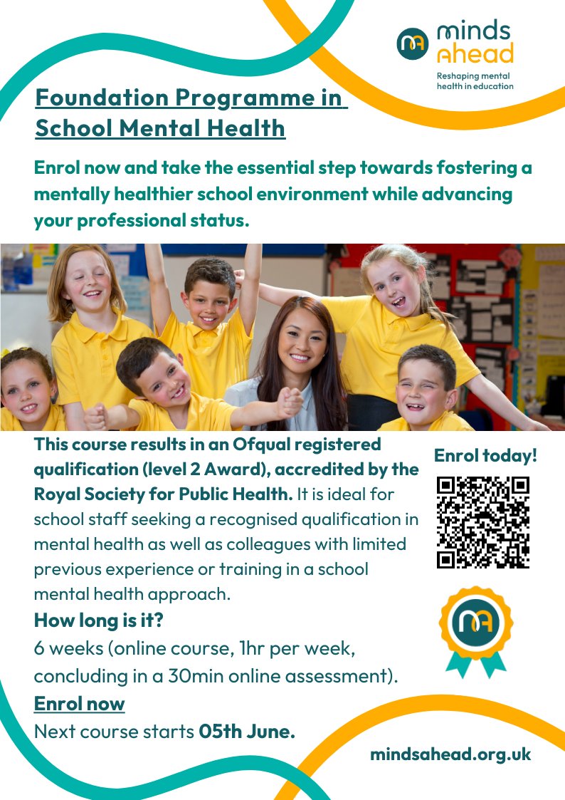 Earn a Level 2 Award from the Royal Society of Public Health <a href="/R_S_P_H/">Royal Society for Public Health</a>  and make a positive impact in your school community: mindsahead.org.uk/foundation-pro… 

#mentalhealthcourse #teachers #staff