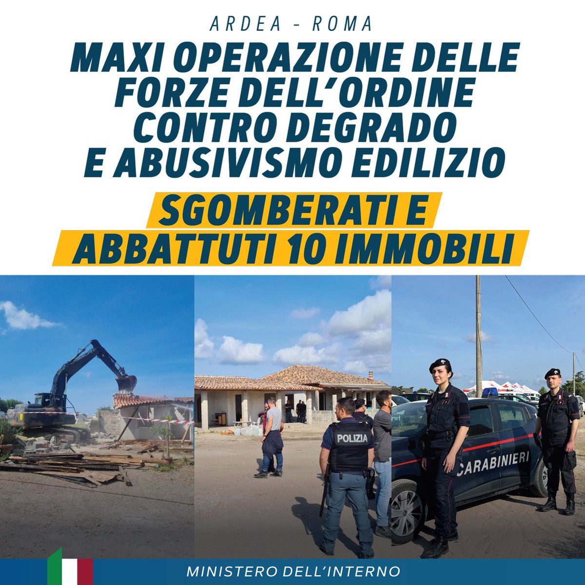 Forze dell’Ordine in azione ad Ardea, in provincia di Roma, dove sono stati sgomberati dieci immobili completamente abusivi. Sono ora in corso le operazioni di abbattimento degli edifici, situati in località Salzare. L’area verrà poi liberata e bonificata. Azioni concrete che