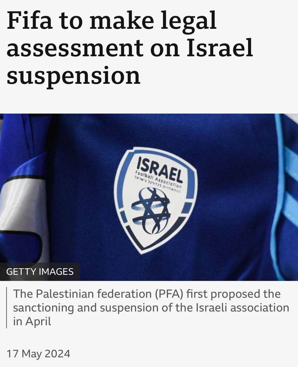 I really hope this bid by the PFA to have Israel banned from FIFA is successful.

Cannot over stress Israel does not belong in these institutions which are about fostering peace, expressions of solidarity and respect for human rights. 
IOC (Olympics) has failed - hope FIFA won’t.