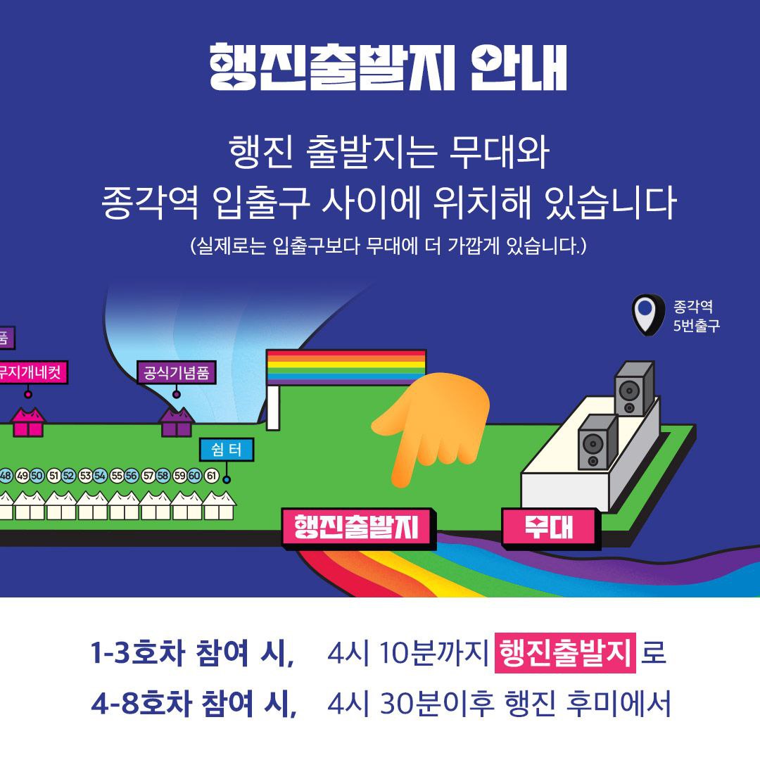 자긍심 행진🏳️‍🌈 여기서 대기해 주세요🎉

서울퀴어퍼레이드 행진 프로그램 참여를 준비하고 있는 분들은 주목해 주세요!
여덟 대의 차량 중 따라가고 싶은 차량을 마음속으로 찜하셨나요? 함께 행진하고 싶은 차량을 원활하게 따라갈 수 있도록, 행진 출발을 위한 대기 장소를 안내드려요.

#SQP2024