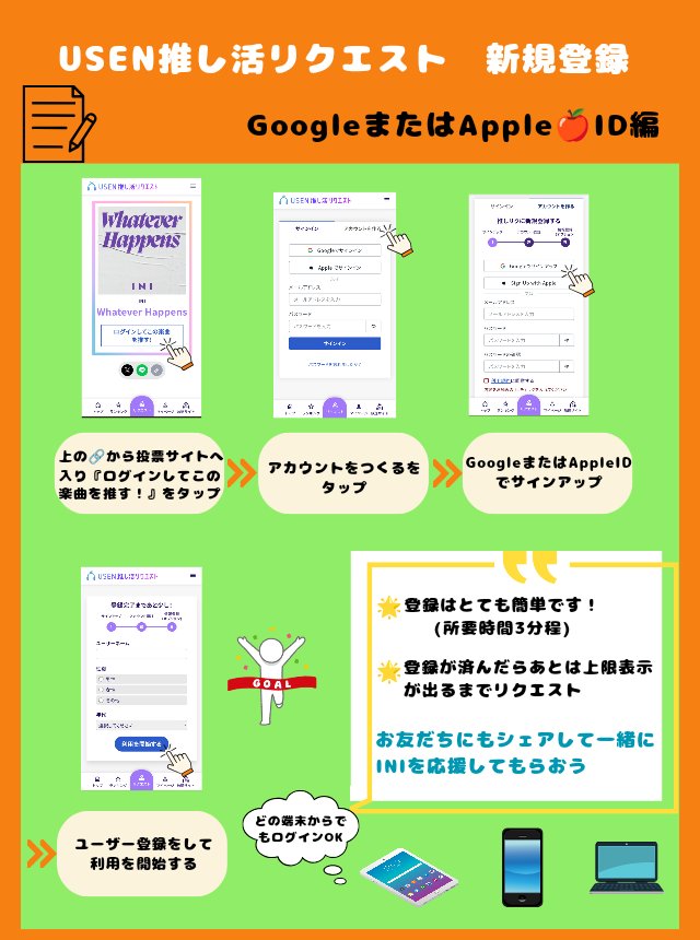 推しリク🗳️新規MINIさんへ
　　　　　❊❥Google／Apple ID編

MINIの'推しリク'シェアまたは👇のリンク🔗からサイトへGO🏃

①Rocketeer🚀
🔗usen.oshireq.com/song/5931350

②Brighter✨
🔗usen.oshireq.com/song/5943561
※画像はWhatever Happensバージョンです🙇