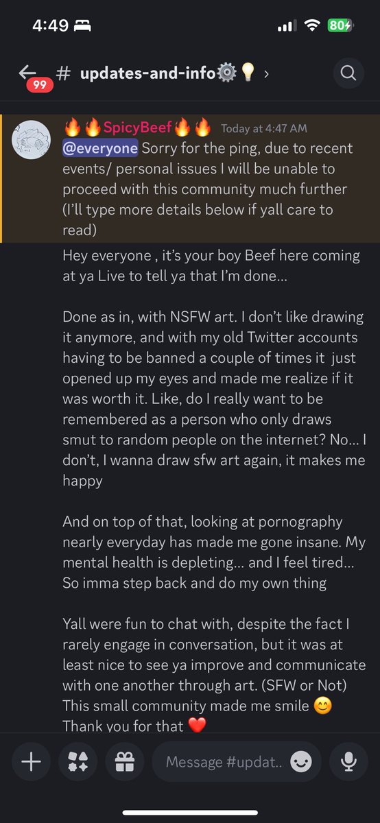 _SpicyBeef_'s tweet photo. To my closest followers/ viewers

I am done… with NSFW art, it has made me unhappy with the way it has treated my mental health and I do not wish to continue.

Thank you for the likes, retweets, and follows, may we meet again ❤️ 

(Below is extra details from my discord server) https://t.co/2MC6YOvxFR