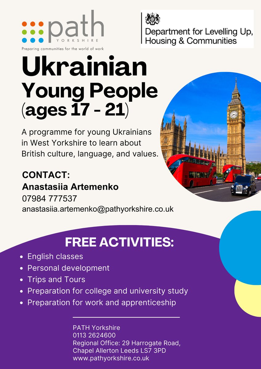 🤝Support for Ukrainian young people in West Yorkshire Do you work with Ukrainian young people aged 17-21? @path.yorkshire offers free activities that help young people integrate into British society. Find out more: tslkirklees.org.uk/support-for-uk…