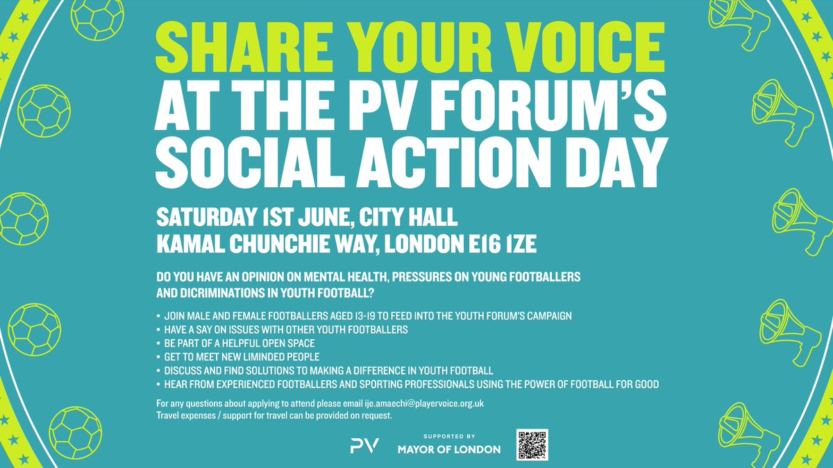 📣Exciting opportunity for 13-19yr old footballers: PV Youth Forum's Social Action Day -  addressing 3 main issues &amp; finding solutions with athletes, professionals working in the industry and those who use sport for change. Interested? Sign up here today: bit.ly/PVEventSignup