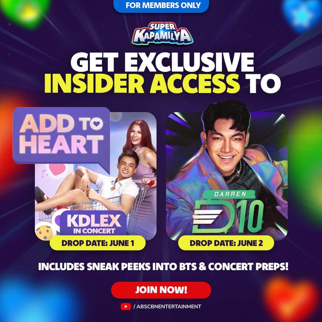 CALLING ALL #KDLEX fans and #DARRENATICS: May ✨super special✨ surprise kami for you! Kung #SuperKapamilya member ka, you get an exclusive INSIDER ACCESS to #AddToHeartKDLEXConcert and #DarrenD10, including concert preps + BTS footage! Abangan ‘yan on June 1 & 2.