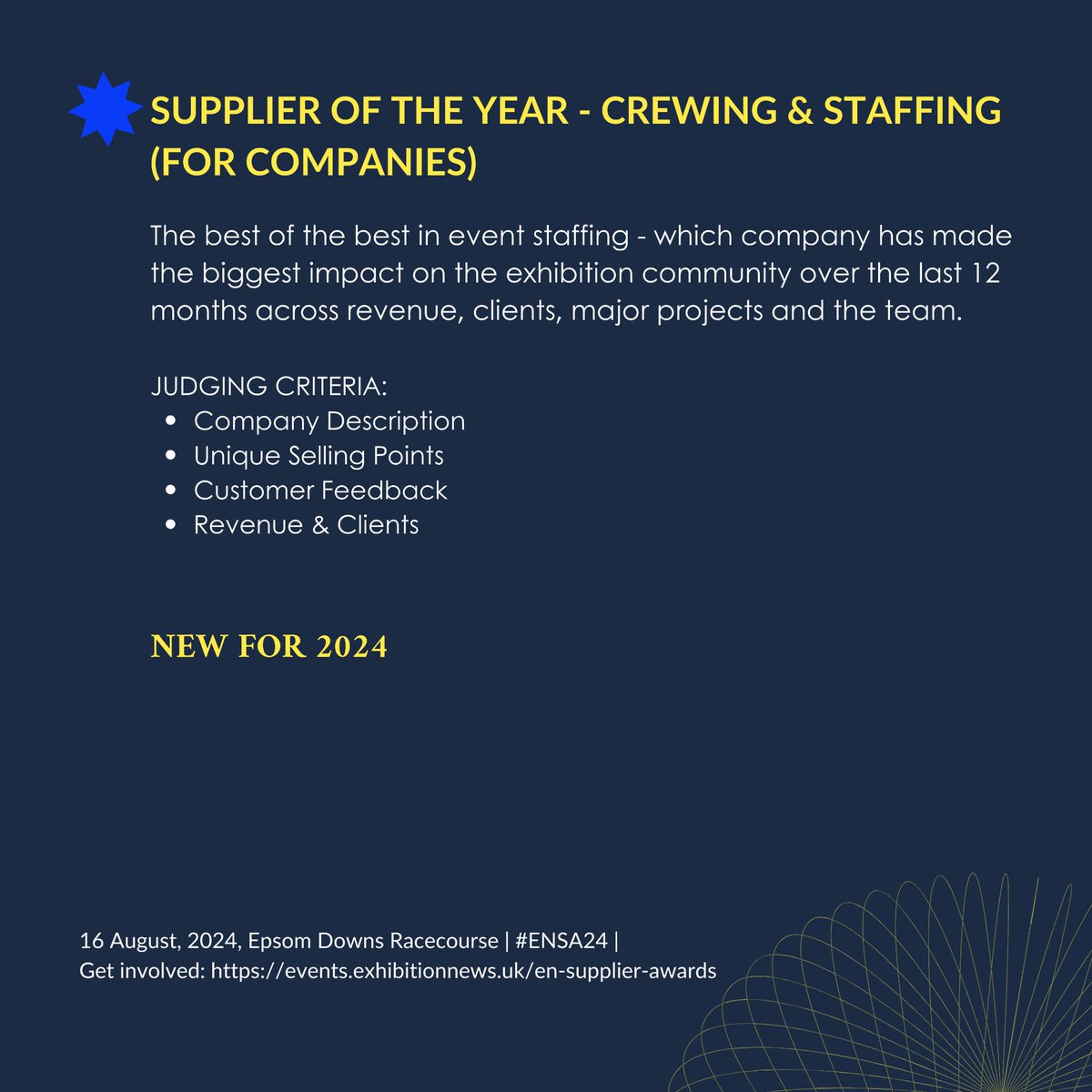 Check out the criteria for #ENSA24 category: Supplier of the Year - Crewing/Staffing 👥
With 43% of our EN100 showing interest in this award. Nominate your company today! 🌟

okt.to/CuhAsX

#EventStaffing #EventSupplier #eventindustry #eventprofs #exhibitionstaff