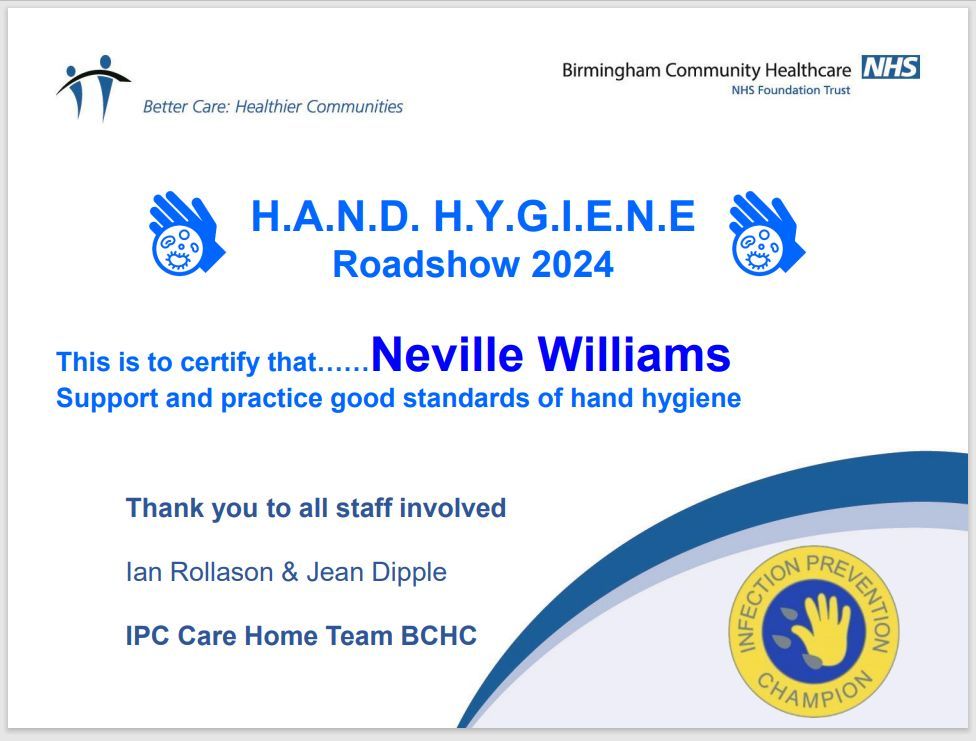 We're infection prevention champions! Neville Williams House staff took part in the annual Hand Hygiene Roadshow with the IPC Care Home Team, part of Birmingham NHS. It's good to know our staff support & practice high standards. #BCOP #NevilleWilliamsHouse #SocialCareWorkers