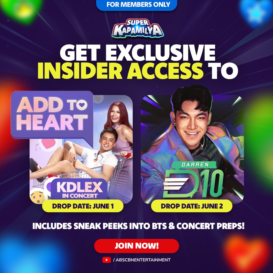 CALLING ALL #KDLEX fans and #DARRENATICS: May ✨super special✨ surprise kami for you! Kung #SuperKapamilya member ka, you get an exclusive INSIDER ACCESS to #AddToHeartKDLEXConcert and #DarrenD10, including concert preps + BTS footage! Abangan ‘yan on June 1 & 2. Kung hindi ka