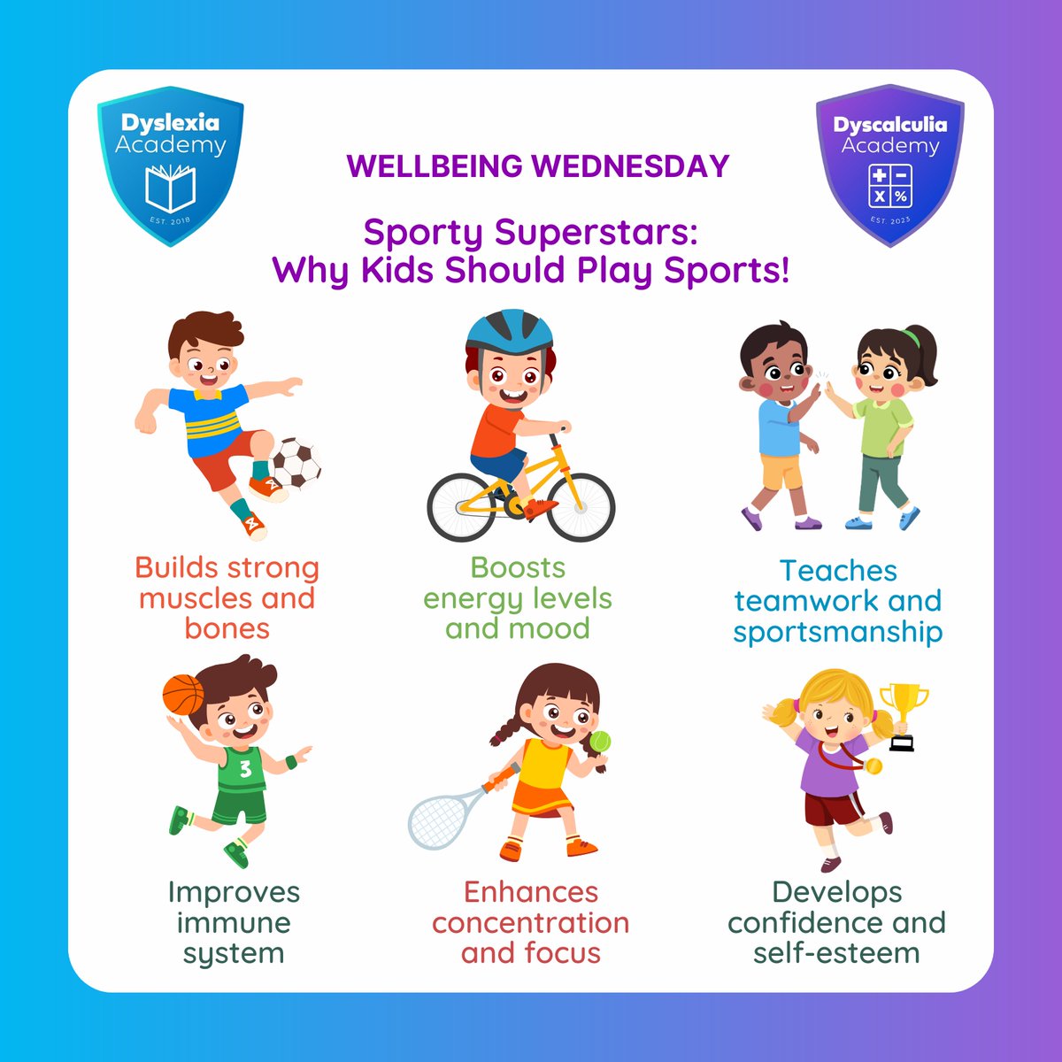 Dive into the world of sports and unlock a healthier, happier you!

From building strong muscles to boosting the immune system, sports are the ultimate game-changer for a lifetime of wellness!

Find out more here: dyslexia-academy.com

#dyslexiasupport #dyscalculia