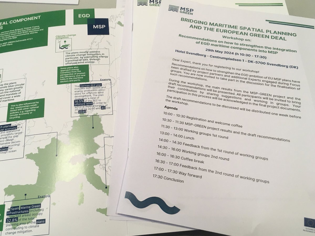 This morning we are meeting @MSPGREEN22 colleagues in Svendborg for their workshop on recommendations for the integration of EGD maritime components in Maritime Spatial Planning 🗺
