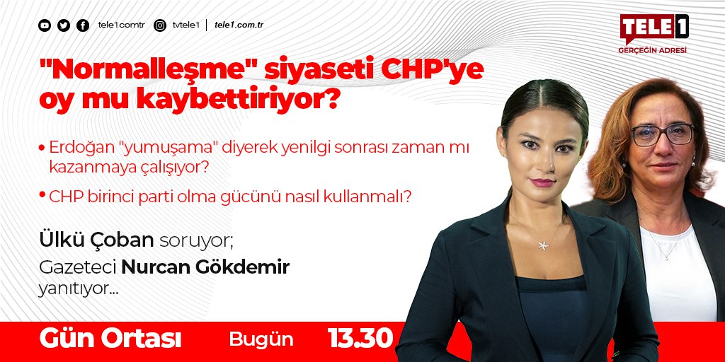 ➤'Normalleşme' siyaseti CHP'ye oy mu kaybettiriyor? 
➤Erdoğan 'yumuşama' diyerek yenilgi sonrası zaman mı kazanmaya çalışıyor? 
➤CHP birinci parti olma gücünü nasıl kullanmalı? 

@ulku_cobann @nurcangokdemir

Gün Ortası, saat 13:30'da TELE1'de!