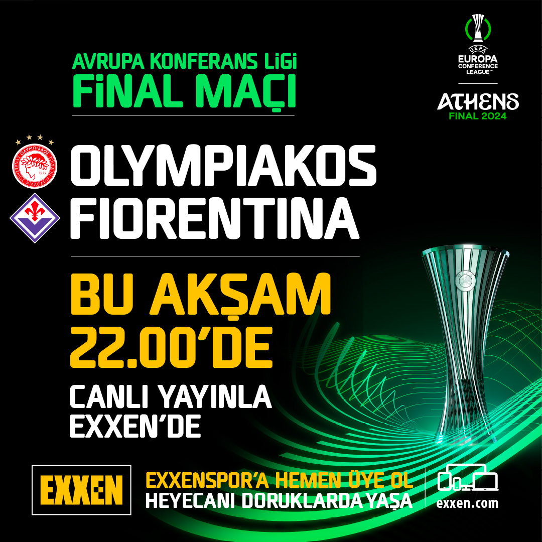 Avrupa Konferans Ligi final maçında Olympiakos-Fiorentina karşı karşıya geliyor. Bu müthiş maç, bu akşam 22.00’de canlı yayınla Exxen’de. Hemen exxen.com’a gir, Exxenspor’a hemen üye ol, eğlenceyi ve heyecanı doruklarda yaşatan Exxenspor’un keyfini çıkarmaya başla.