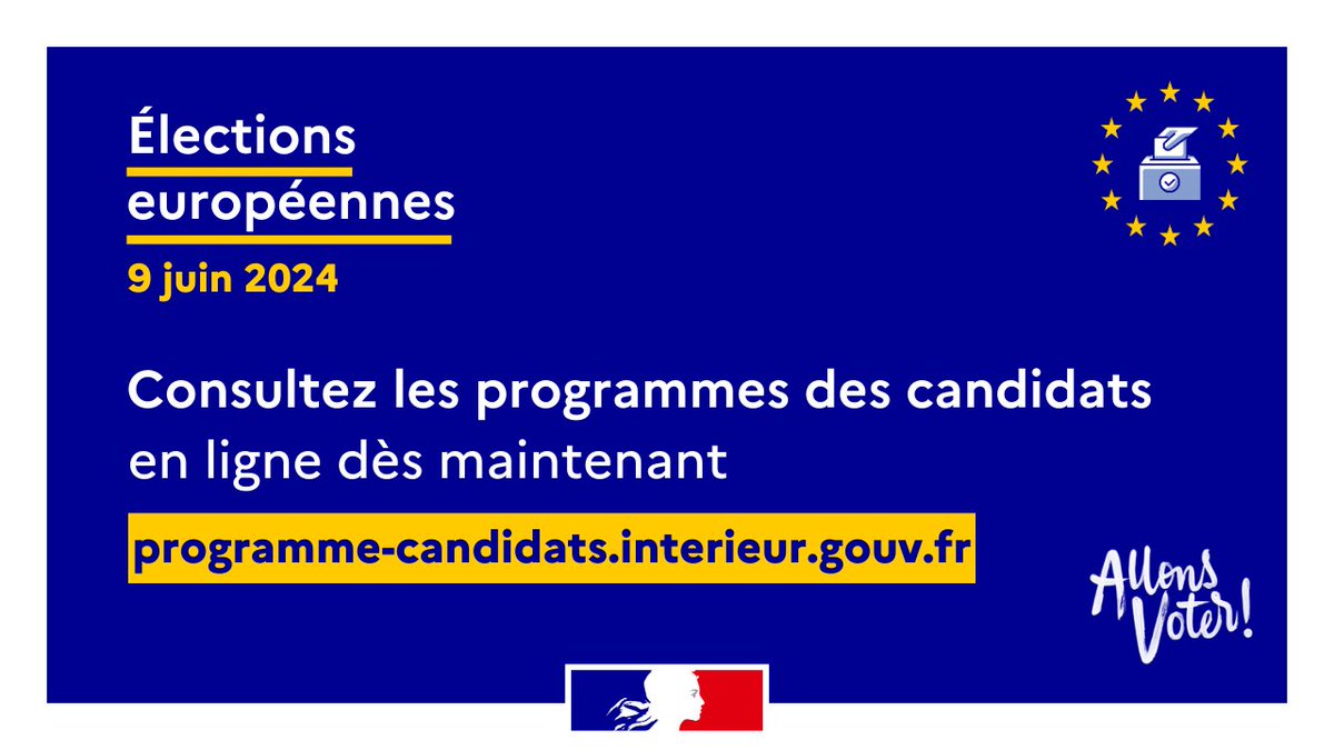 #Européennes2024 🗳️🇪🇺

Le jour des élections approche !

Les programmes des candidats sont maintenant disponibles en ligne via @Interieur_Gouv.

👉programme-candidats.interieur.gouv.fr