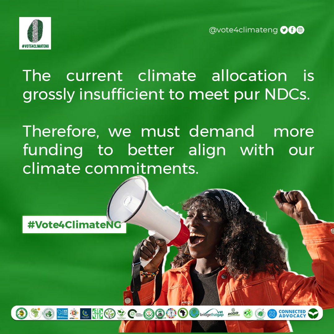 Let's raise our voices for the future we deserve! 🗣️
Engage, advocate, and help secure the necessary funding to turn our climate goals into reality. Every action counts towards a greener Nigeria. 🌍💚 
#HowFarWithOurNDCs
#FundtheClimateBudget  #Vote4Climate #Vote4ClimateNG #AACJ