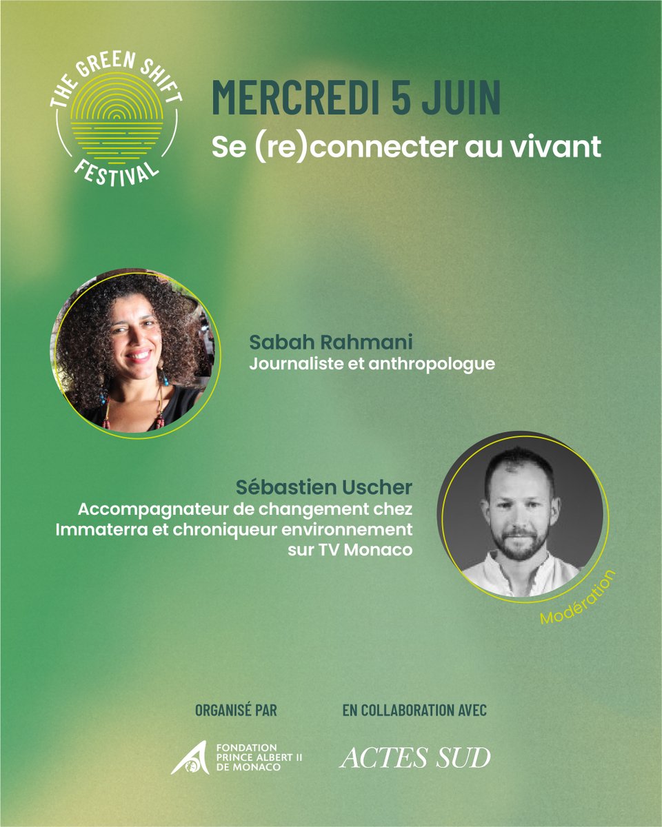 Pourquoi et comment se re-lier au monde du vivant ? 🌿 Rendez-vous le mercredi 5 juin pour une soirée captivante au Green Shift Festival, en collaboration avec Actes Sud, sous le thème 'Se (re)connecter au vivant'. Programme: thegreenshiftinitiative.org/fr/festivals/2… Entrée gratuite.