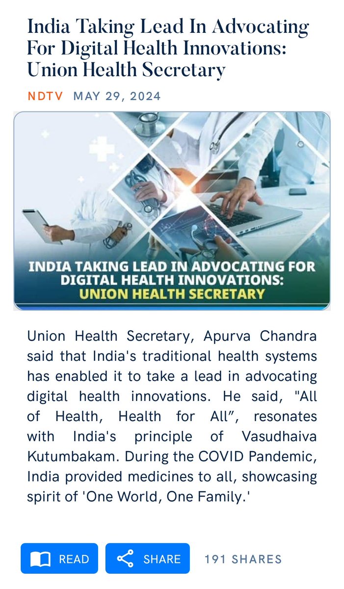 'India taking the lead in advocating for digital health innovations'
India, during COVID-19, not only managed the crises within the nation but also provided medicines & health-related products across the world embodying the spirit of 'One World One Family'
swachhindia.ndtv.com/india-taking-l…