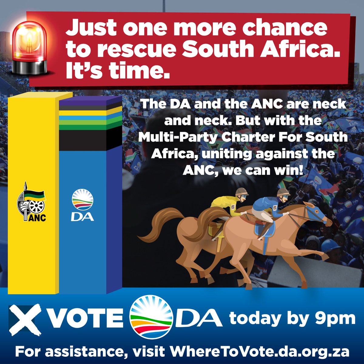 🇿🇦 The race to a prosperous future for all has commenced! We have just one chance to Rescue SA. It's time we elect a new government that prioritises the people, anchored by the DA! A strong DA can #RescueSA. #VoteDA For help, visit WhereToVote.da.org.za or call 021 020 0901.