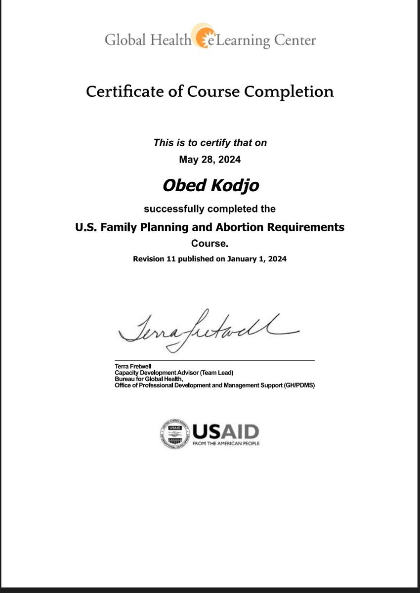 KodjoObed's tweet photo. I'm thrilled to share that I've recently completed the Global Health eLearning Center (GHEL) course "US Abortion and Family Planning Requirements - 2017" and earned my certification! #HealthEducation #FamilyPlanning #Certification https://t.co/UXPg6ZZ3ts