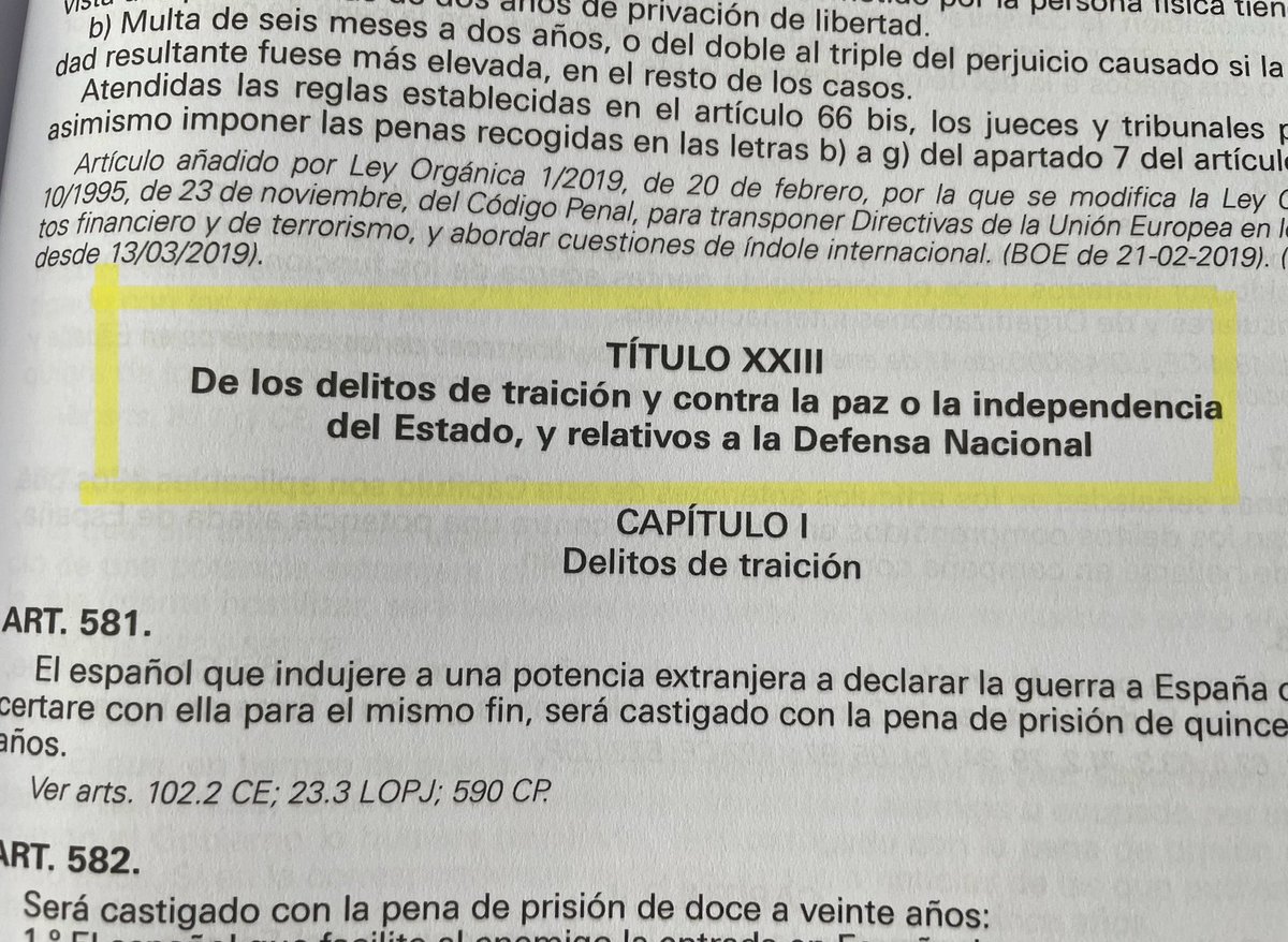 Este que cita @gerardotc es literalmente el artículo 592.1 del Código Penal vigente, en su Título XXIII : “De los delitos de traición y contra la paz o la independencia del Estado, y relativos a la Defensa Nacional”. 🤦🏼‍♀️👇🏾