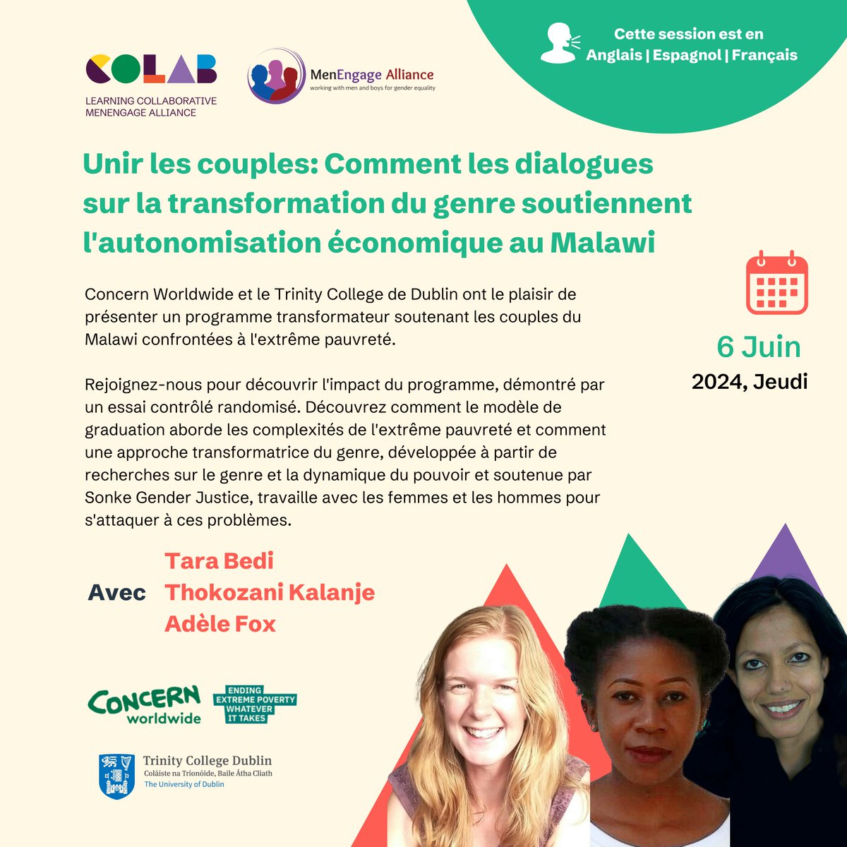MenEngage's tweet image. 📢SAVE THE DATE
Join us for an online session where we hear from @Concern and @tcddublin on #GenderTransformative approaches to support couples in Malawi who are facing extreme poverty.

A #MenEngageCoLab event

📅6 Jun, ⏰ TIME: 9:00am EST
✅REGISTER  bit.ly/CoLab6June