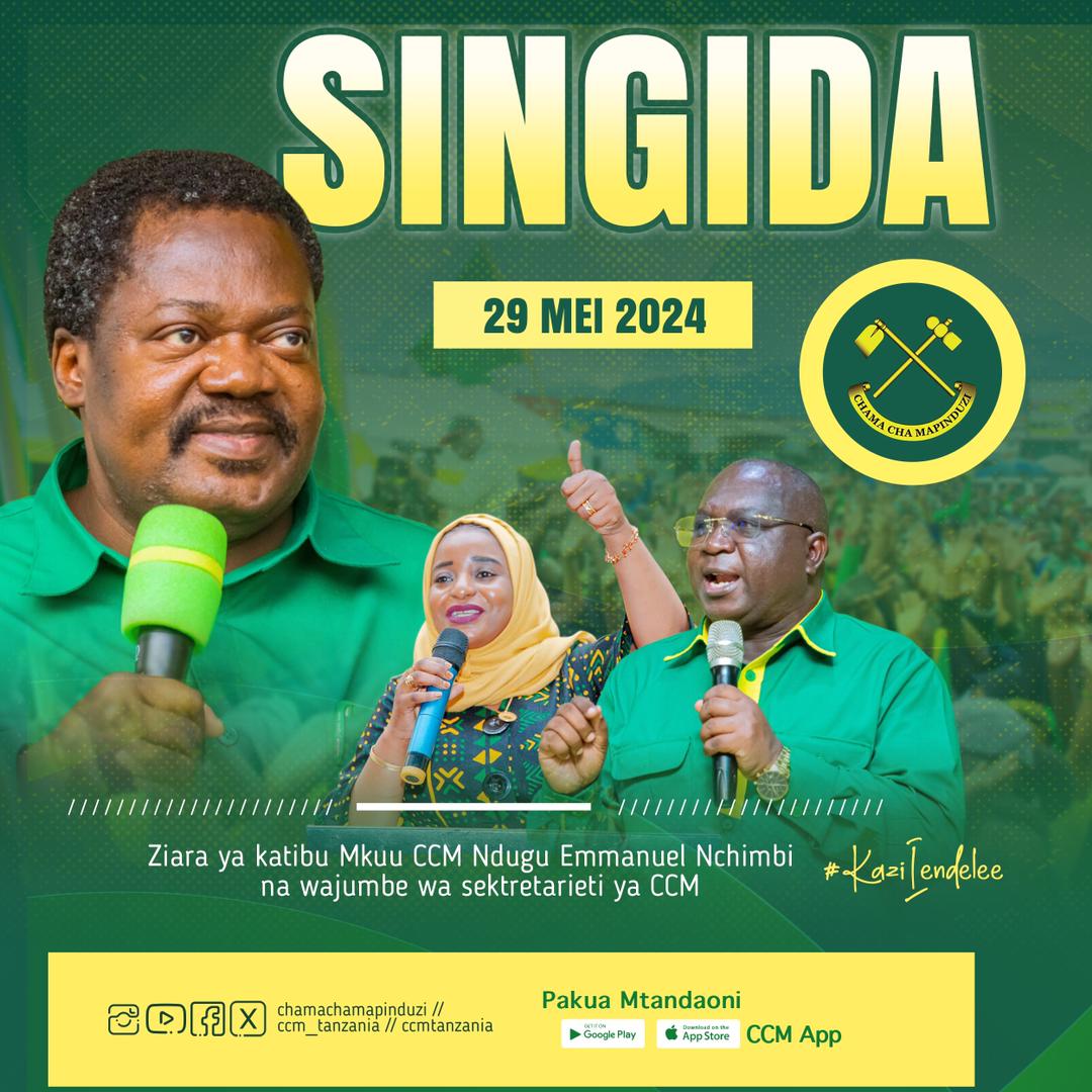 Leo Mei 29, 2024 mkoani mwetu Singida tuna ugeni mzito wa kichama wa Katibu Mkuu wa @ccm_tanzania, Dr. Nchimbi akiambatana na Katibu Mwenezi, Ndugu Makalla kukagua utekelezaji wa Ilani. Singida chini ya M/kiti mahiri, Bi Mlata, kwa hakika wataridhika na utekelezaji wa ilani.