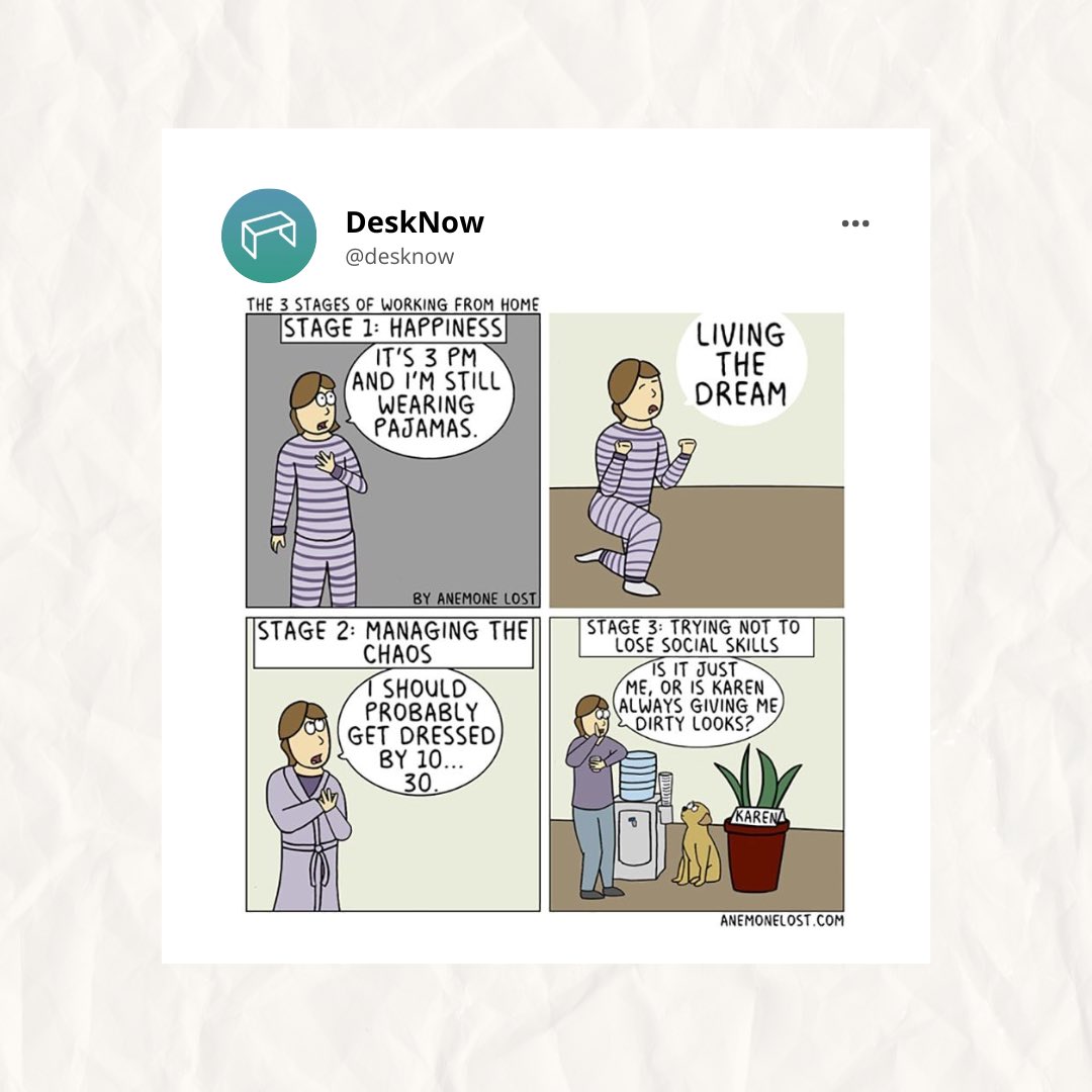 desknow_'s tweet photo. The honeymoon phase, managing chaos, and desperately trying not to lose social skills. Sound familiar? 😂 

Would you rather work some days from home and others in the office? What's your current work situation? Share your thoughts! #HybridWork #RemoteWork #OfficeLife #DeskNow https://t.co/l6AomxfOxB