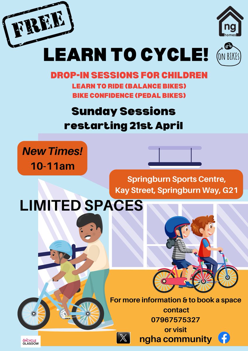 Looking to get out cycling this summer? Learn to Cycle is back at the Springburn Sports Centre on Sundays from 10am-11am. 

Don't miss out - sessions can be busy so get in touch to save your space!

Find out more > nghomes.net/what-s-on/