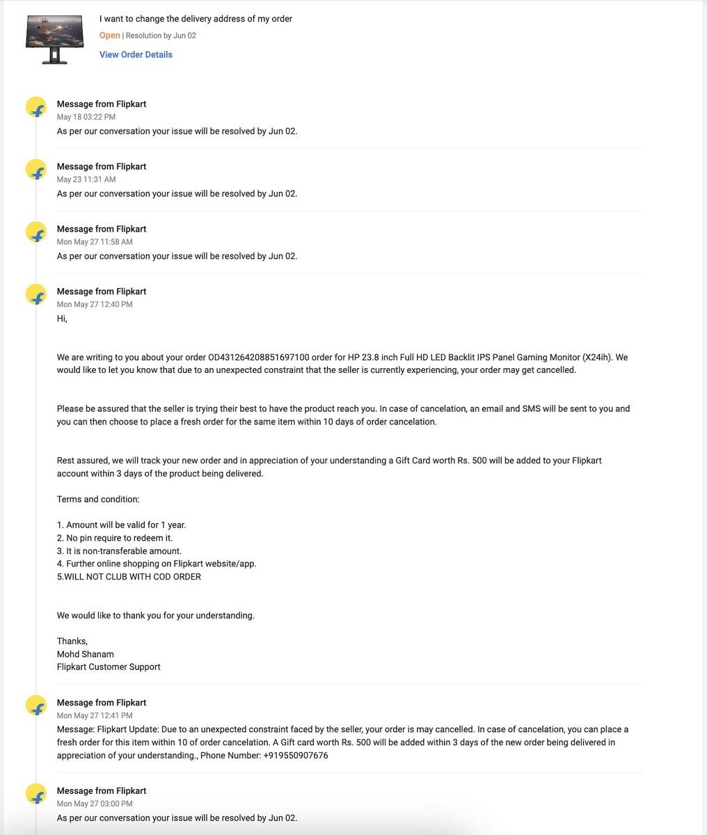 Thirupathi7676's tweet image. Ordered a product[OD431264208851697100] from @Flipkart on 15th May. Delivry was on 18th May, extended delivry date multiple times,now delayed to 2nd June. It's been 14 days and still no delivery. Customer service suggests canceling and reordering with a ₹500 coupon. pl help.