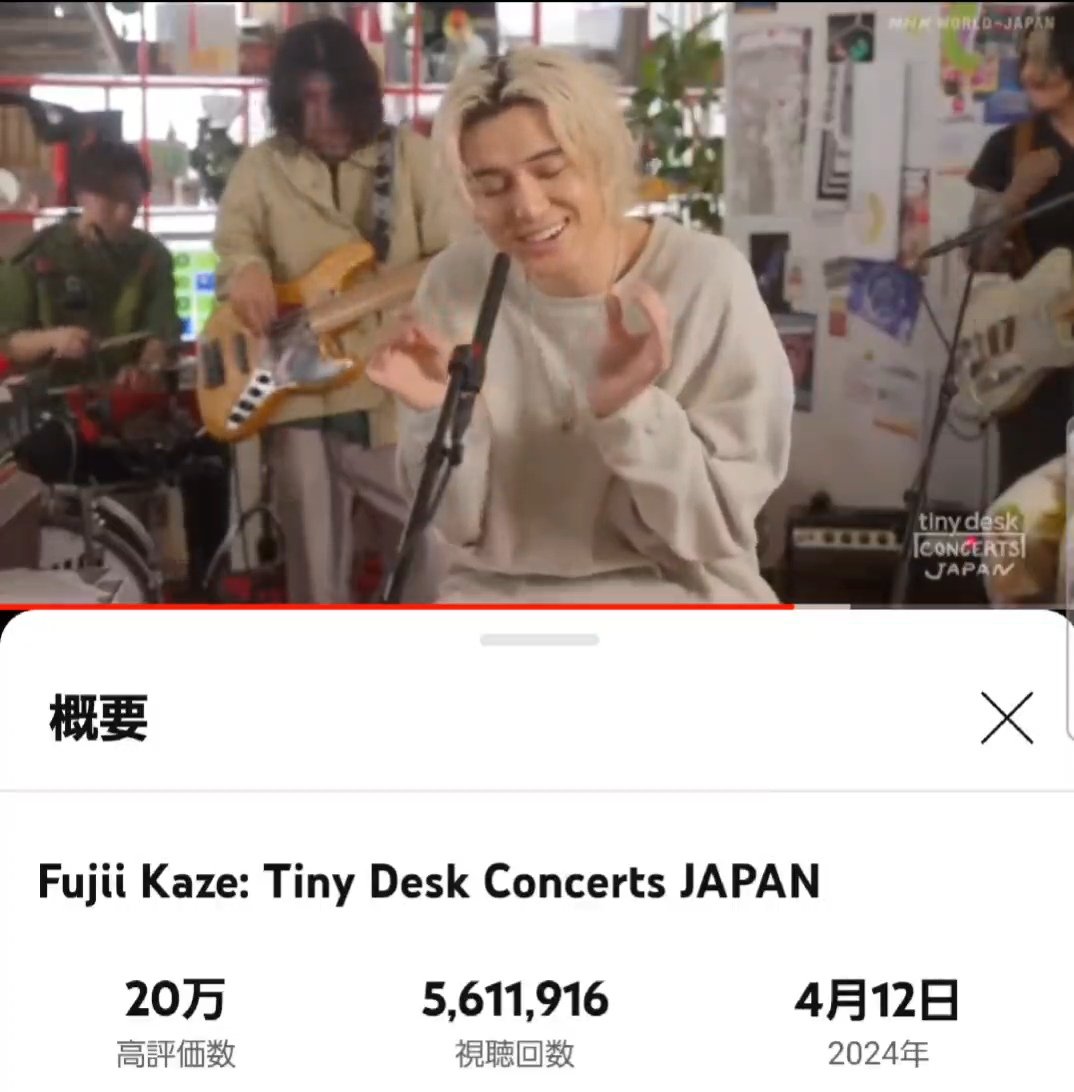 ㊗️Congratulations on reaching 5.6 million views!

2024/5/29 18:04確認

🍃Fujii Kaze: Tiny Desk Concerts JAPAN🎥
5,611,916 回視聴 2024/04/12✨
7,846 件のコメント✨

NPR Music
チャンネル登録者数 937万人✨
#nprmusic #TinyDeskConcert 
#FujiiKaze #藤井風 

🔗youtu.be/rGyQHyDMZZI