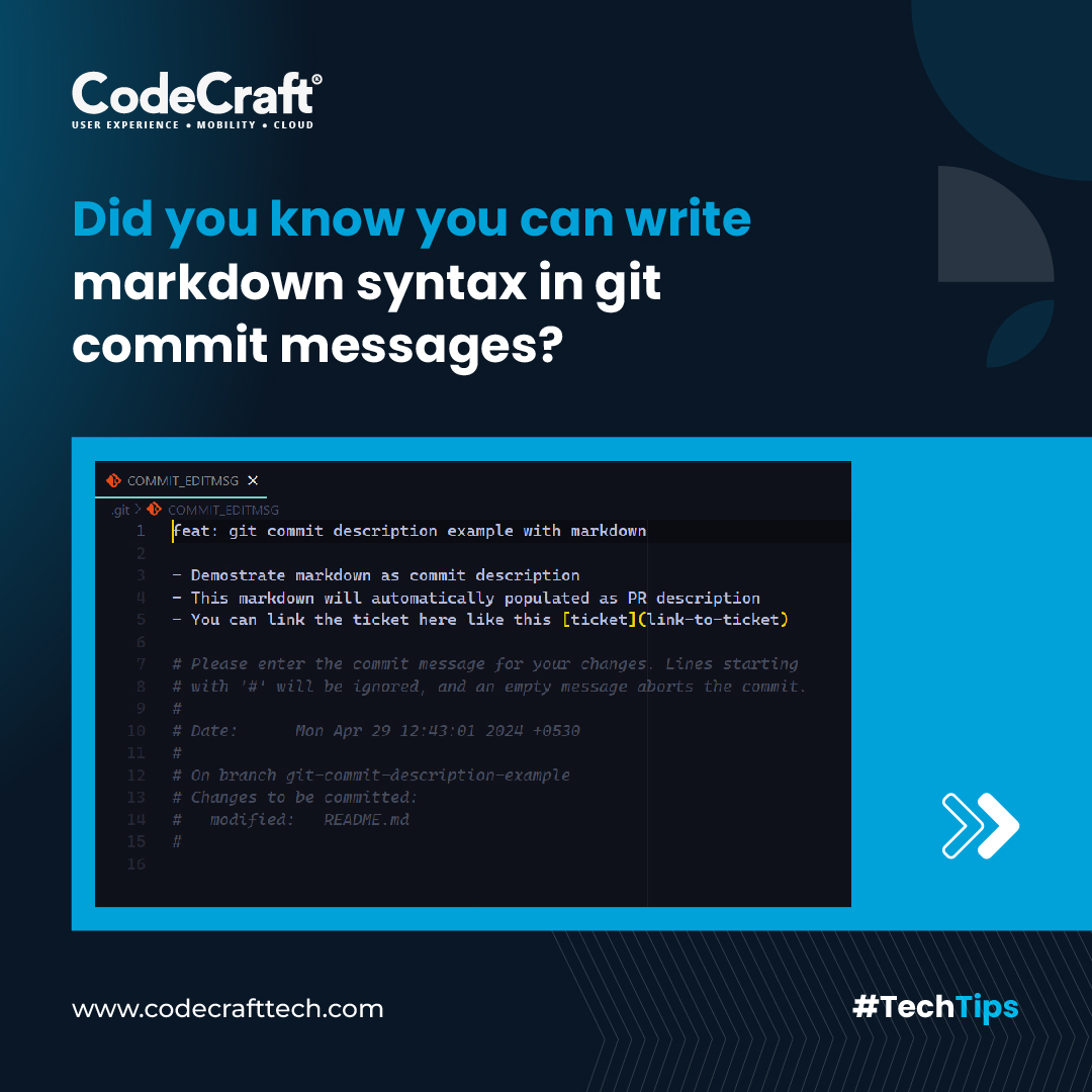codecrafttech's tweet image. Did You Know: You can spice up your #Git commit messages with Markdown syntax?
Check out this #TechTip to help you resolve the issue!
#CodeCraftTech #TechTipsThursday #git #Coding #Programming #SoftwareDevelopment #CodeQuality #DeveloperLife #CodingTips