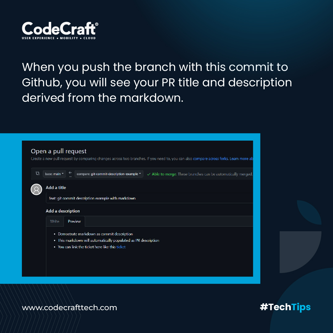 codecrafttech's tweet image. Did You Know: You can spice up your #Git commit messages with Markdown syntax?
Check out this #TechTip to help you resolve the issue!
#CodeCraftTech #TechTipsThursday #git #Coding #Programming #SoftwareDevelopment #CodeQuality #DeveloperLife #CodingTips