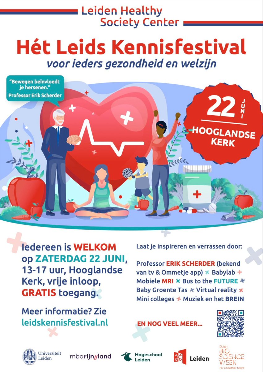 Ontdek #gezondheidstips over hoe jij lang en leuk kunt leven in #Leiden! Kom 22 juni naar het Leids Kennisfestival in de Hooglandse Kerk. Gratis toegang, geen inschrijving nodig. Geniet van workshops, VR-ervaringen en lezingen door experts. Meer info: tinyurl.com/3xj5ta55