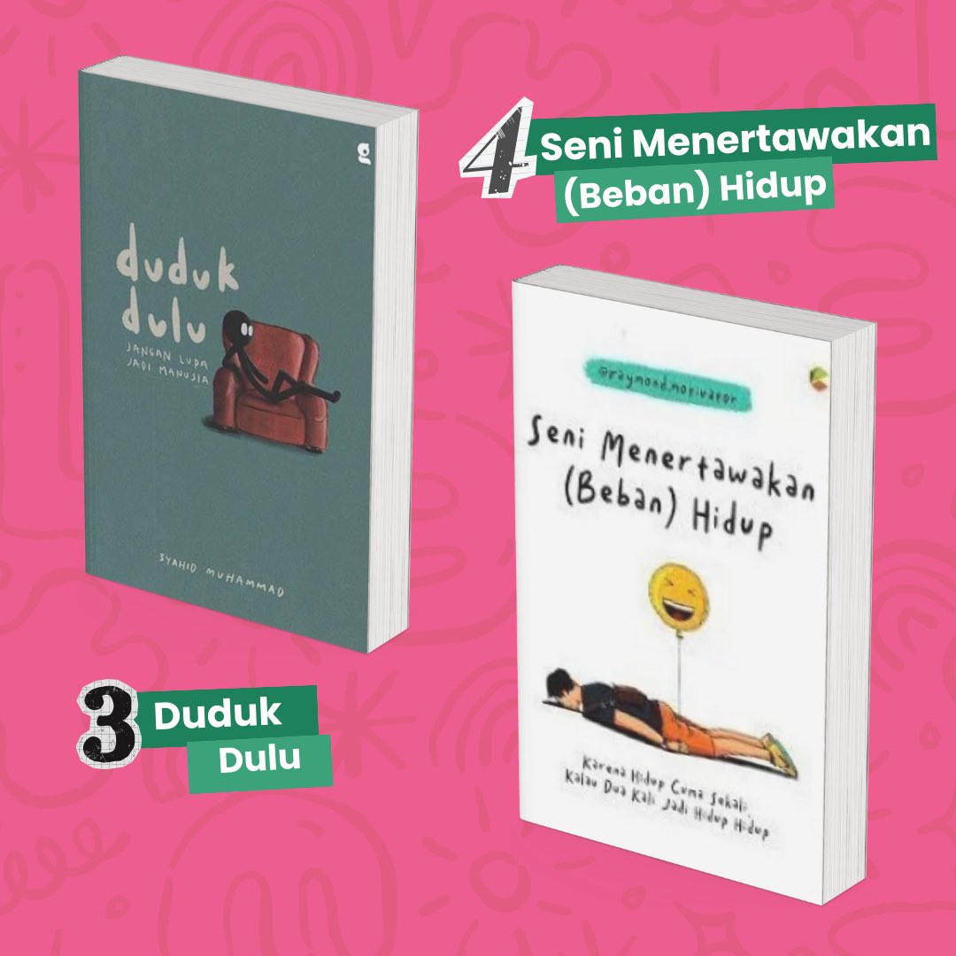 dudukbaca's tweet photo. [10 BUKU PALING SERING DIPINJAM]

Hai #bacawan, kira kira buku apa aja sih yang paling sering dipinjam??🤔

Yuk di slide, apa aja ya judul bukunya?📚

#bookstweet #rekomendasibuku #tereliye #selfimprovement #bacabuku https://t.co/Gg0UKzwpen