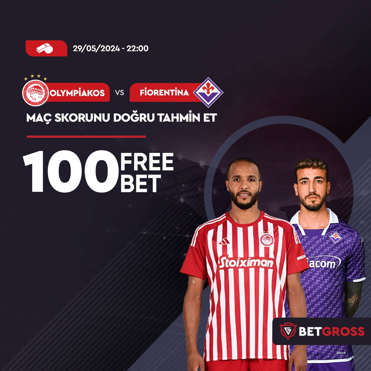 📣ETKİNLİK 📣

⚽️ #Olympiakos - #Fiorentina Maç Skor'unu tahmin Eden Üyemize 100 #FREEBET 🔥

🎁 Yoruma Tahmin + FAV + RT + 3 ARK ETİKETLE #Betgross Yaz Etkinlige Katıl

✔️Son İşleminiz Etkinlik Olmamalıdır

#İddaa #Bahis #Oran #Gününmaçı #konferansligi #ardagüler #icardi #dzeko